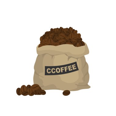 Kahveli bir çanta. Kahve çekirdekleri dolu büyük bez torba. Tohumları 