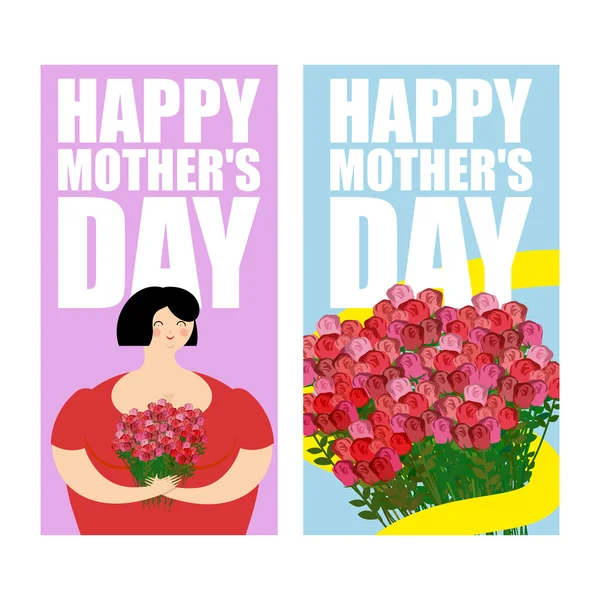 Feliz Dia das Mães conjunto de cartão de saudação. grande buquê de rosas vermelhas — Vetor de Stock