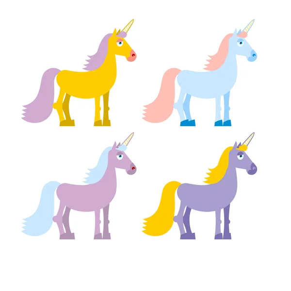 Conjunto de unicornio de colores. Bestia de fantasía rosa. Criatura de hada azul — Vector de stock