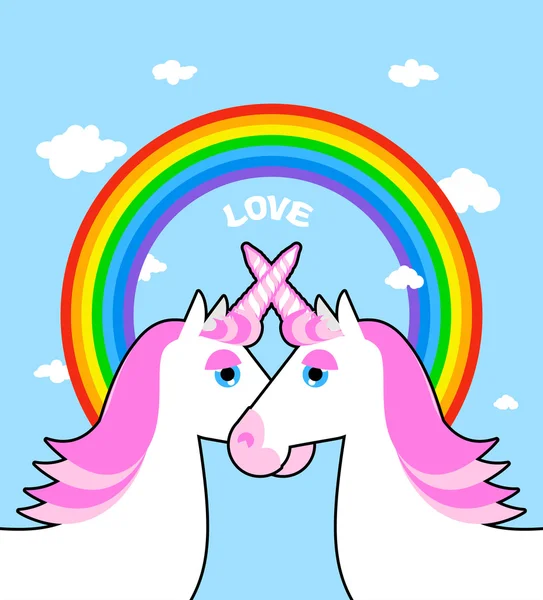 Два розовых единорога и радужная любовь. Символ ЛГБТ-сообщества. Вентилятор — стоковый вектор