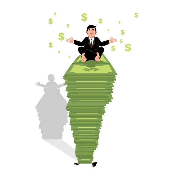 Businessman meditating on dollar. Financial yoga. Man sits on pa — Stock Vector