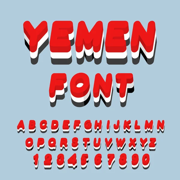 Yemen font. Yemeni flag on letters. National Patriotic alphabet. — Stockový vektor