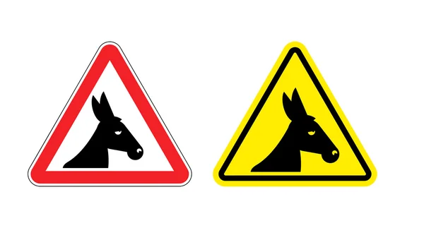 Warning sign attention donkey. Dangers yellow sign stupid man. A — Stock Vector