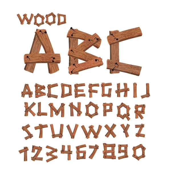Caratteri in legno. Vecchio alfabeto delle tavole. Tavole di legno con alfabeto chiodi — Vettoriale Stock