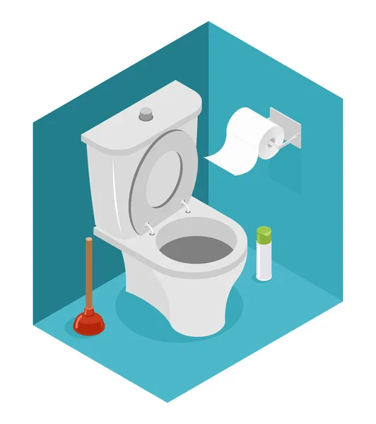 WC Isometrics. Fehér WC és dugattyút. A WC Pape gurulása — Stock Vector