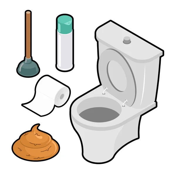 Zestaw ikon WC izometryczny. Biała toaleta. Zielony, gumowy tłok. R — Wektor stockowy