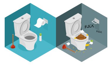 Clean and dirty toilet isometrics. interior of shithouse. New ou