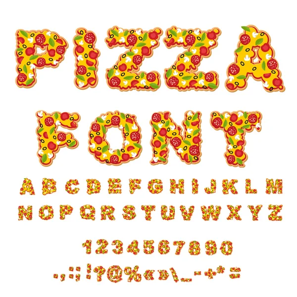 Pizza Font. Bokstäver deg. Mat alfabetet. Snabbmat ABC. Italienska — Stock vektor