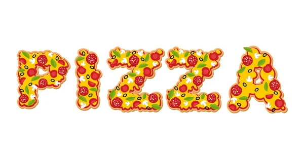 Pizzatext. Briefe mit appetitlichen Pizza-Scheiben. Schriftzug f — Stockvektor