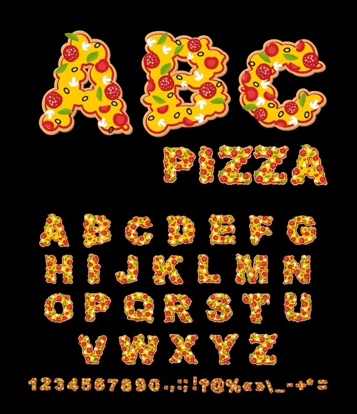 ABC Pizza. Cartas apetitosas de comida rápida. Fuente comestible de tra — Vector de stock