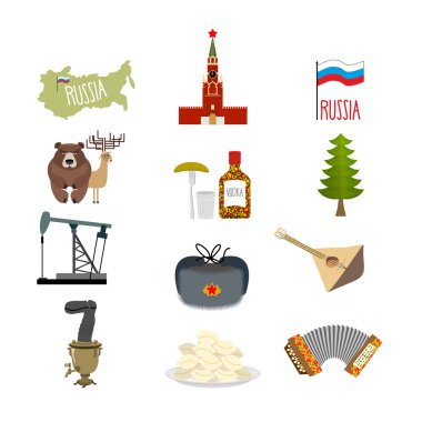 Rusya için semboller ve simgeler ayarlayın: Kremlin ve balalaika, petrol platformu