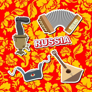 Rusça simgeleri ayarlayın. Balalaika, Samovar, Ushanka, akordeon. Geri