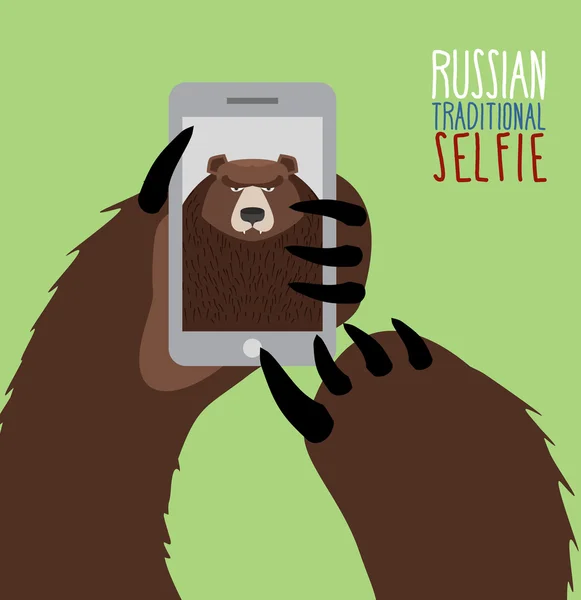 Selfie i Ryssland. Björn selfie. Bear paw hålla en telefon. Ryska — Stock vektor