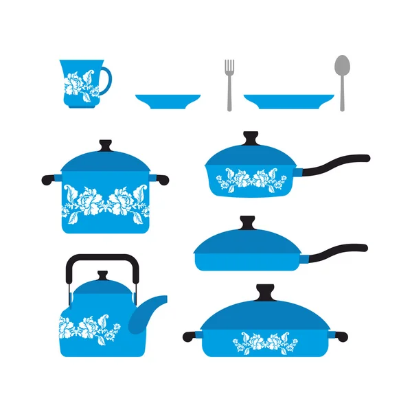 Set piring untuk memasak. Cookware: cup and saucer (dalam bahasa Inggris). Penggorengan - Stok Vektor