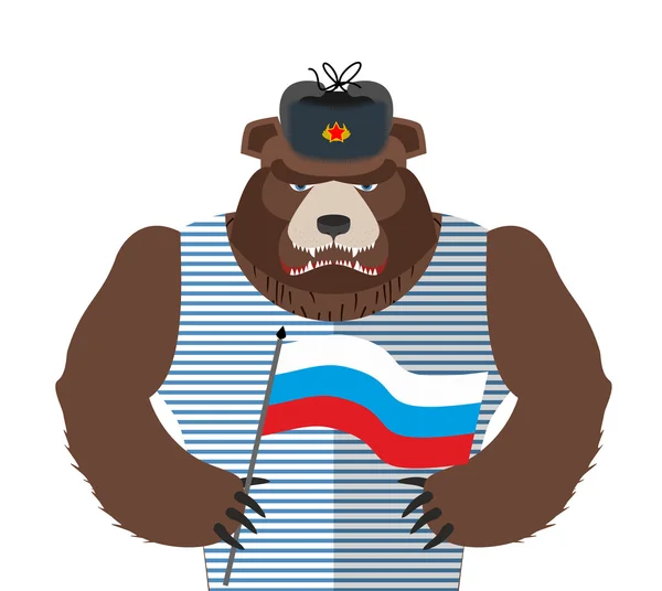 Oso ruso enojado sosteniendo bandera rusa. Bestia patriota en piel ha — Vector de stock