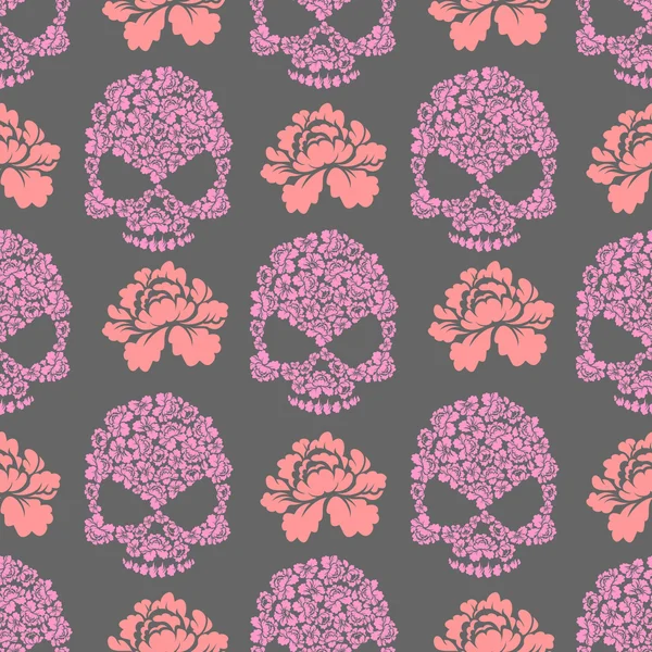 花の頭蓋骨シームレスなpttern。ピンクの花とバラの頭蓋骨または — ストックベクタ