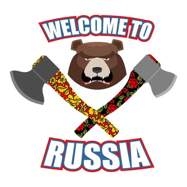 Üdvözöljük Oroszországban. A dühös fej medve és a fejsze címere. Pengéjű WEA — Stock Vector
