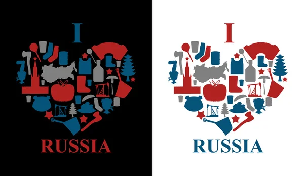 저는 러시아를 사랑합니다. 전통 민속 상징의 심장에 서명하십시오. 실루엣 — 스톡 벡터