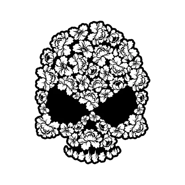 Tatuagem de rosa de crânio. Esqueleto de cabeça de flor. Bonito osso floral —  Vetores de Stock