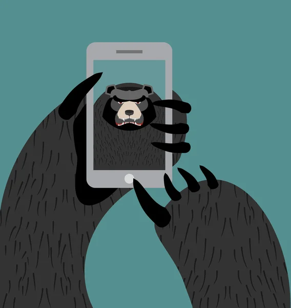 Selfie de oso. Grizzly se fotografió por teléfono. Enojado wil — Vector de stock