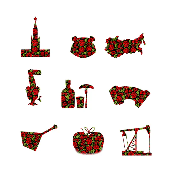 Conjunto de símbolos da Rússia. O sinal nacional russo pintou Khokhloma. Estatística —  Vetores de Stock