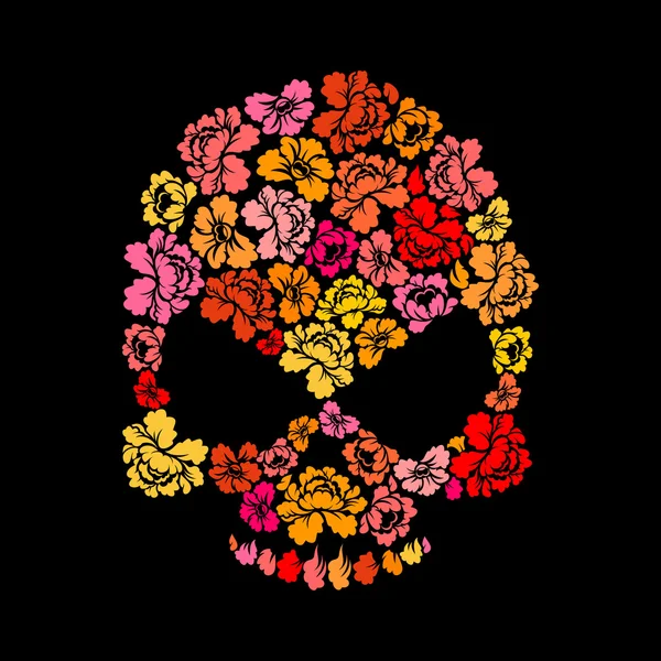 Crâne rose sur fond noir. Squelette Tête de pétales de fleurs . — Image vectorielle