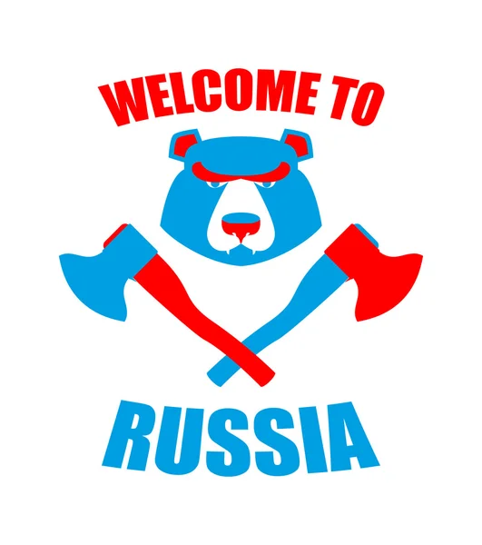 Vítejte v Rusku. Znak rozzlobené hlavy a sekery. Blat — Stockový vektor