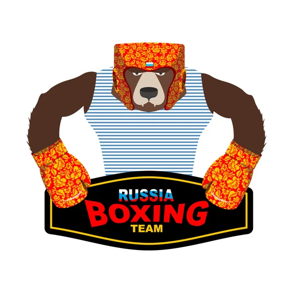 Ruso oso boxeador patriota. Guantes de boxeo y casco con estilo — Vector de stock