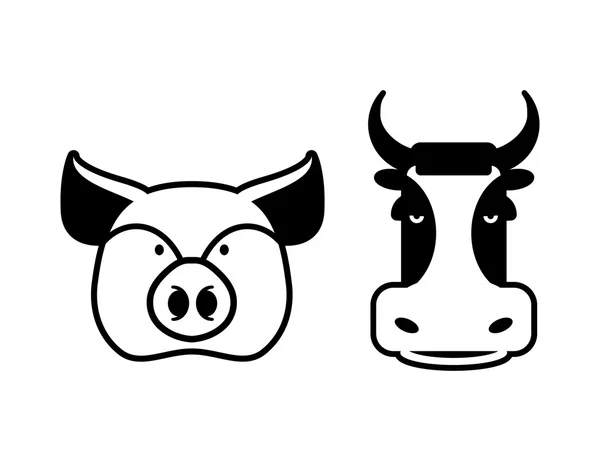 Pig and cow icons. Head farm animal stencil. Pork and beef sign — Stock Vector