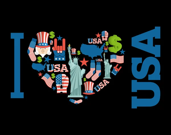 Me encanta América. Corazón signo de los personajes populares tradicionales de Estados Unidos. M — Vector de stock