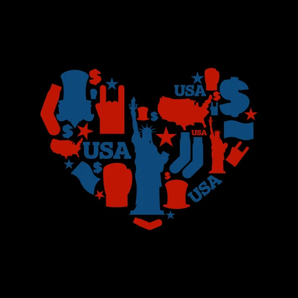 ΗΠΑ αγάπη. Σύμβολο καρδιά της Ηνωμένες Πολιτείες παραδοσιακό λαϊκό χαρακτήρα — Διανυσματικό Αρχείο