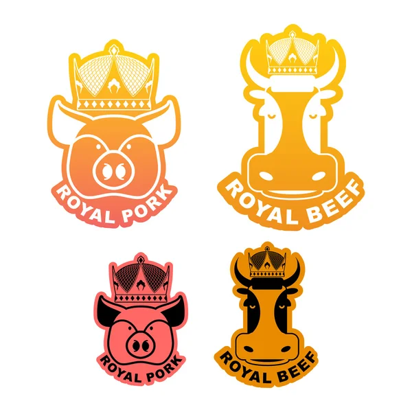 Logo royal de porc et de bœuf. Vache en couronne. Cochon en diadème. Excellent — Image vectorielle