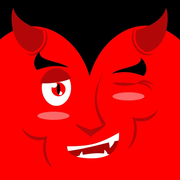 Devil winks. It suggests emotion on red background. Demon makes