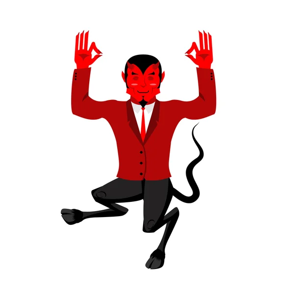 El diablo hace yoga. Demonio rojo en posición de loto. Feliz Satán. Mefis. — Archivo Imágenes Vectoriales