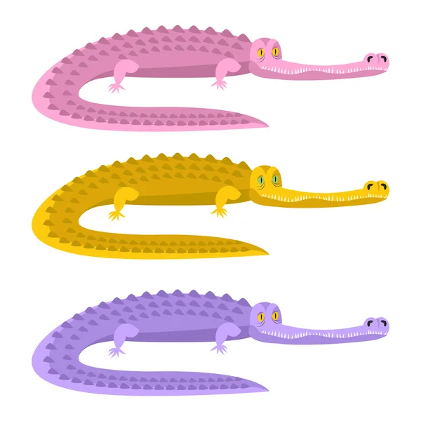 Barevný krokodýl. Růžový Krokodýlí. Žlutý Kajman. Purpurový reptil — Stockový vektor