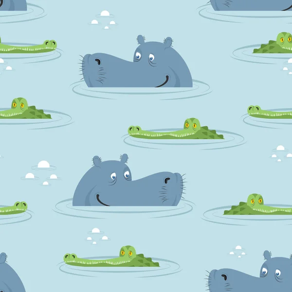Hippo en krokodil in water naadloze patroon. Goede nijlpaard — Stockvector