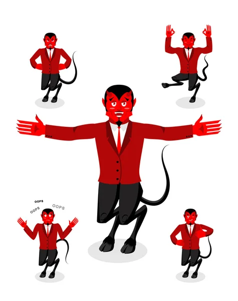 Duivel set van poses. Satan set van bewegingen. Gehoornde demon uitdrukkelijke — Stockvector