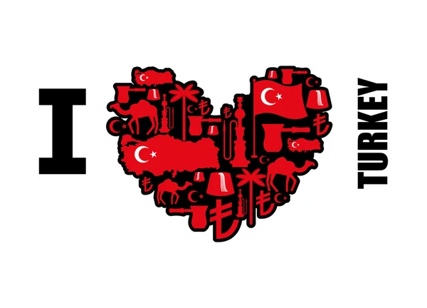 Μου αρέσει η Τουρκία. Σύμβολο καρδιά της παραδοσιακής τουρκικής λαϊκούς χαρακτήρες — Διανυσματικό Αρχείο