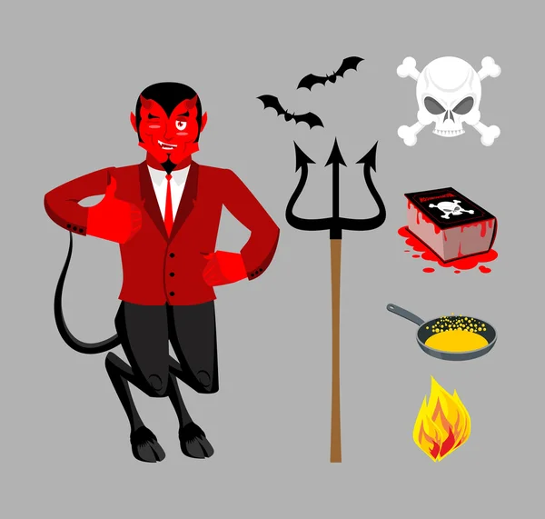 Diabeł i akcesoriów. Satanic zestaw. Trident i Hellfire. Czarny — Wektor stockowy