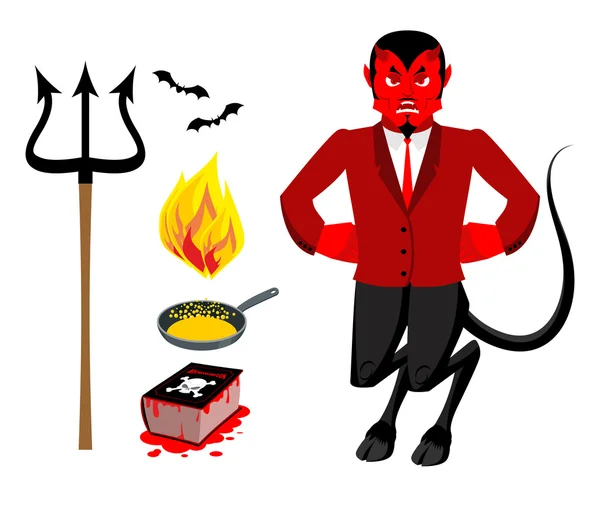 Ördög és kiegészítők. Sátáni meg. Trident és Hellfire. Fekete — Stock Vector
