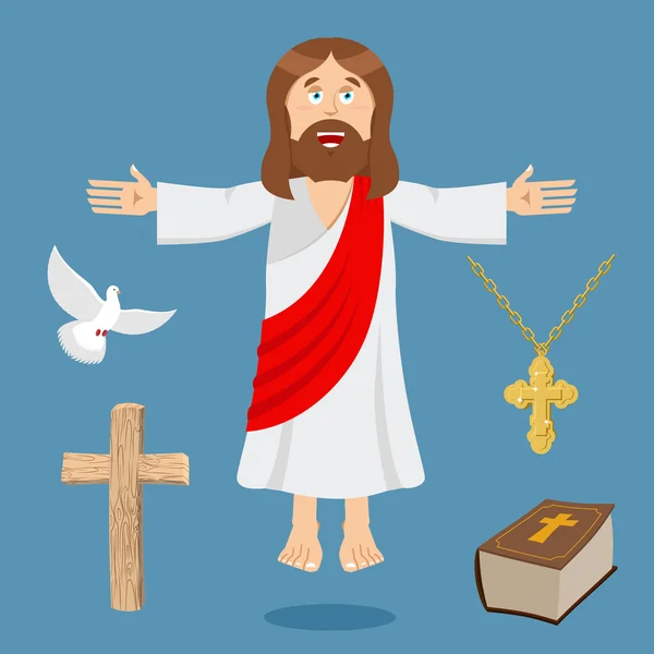 Jesús y accesorios. Santo conjunto bíblico. Hijo de Dios y Biblia . — Archivo Imágenes Vectoriales