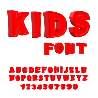 Çocuk yazı tipi. 3boyutlu harfler. Çocuklar için alfabe. Kırmızı Funny Abc için 