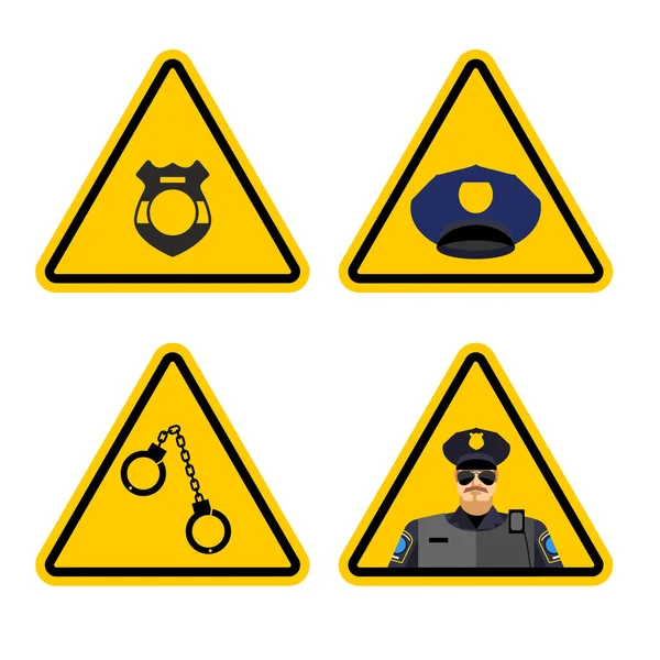 Warning sign police attention. Dangers yellow sign detention. Po — Stockvector