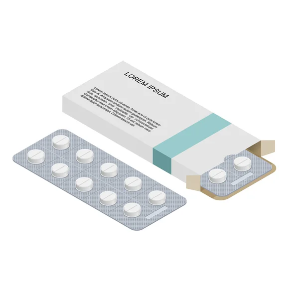 Pílulas médicas no pacote. Medicamentos isométricos. Cura em cardbo —  Vetores de Stock