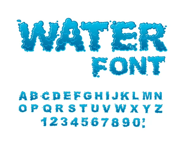 Vatten Font. Aqua alfabetet. Droppar vatten ABC. Våta bokstäver — Stock vektor