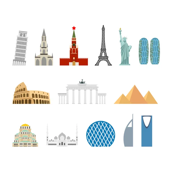 Conjunto de viajes emblemáticos. Monumentos arquitectónicos. Estado conocido de bui — Vector de stock