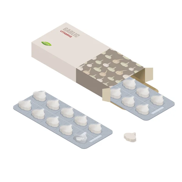 Vitamines à l'ail. Des pilules végétariennes. Comprimés diététiques en boîte. Naturel — Image vectorielle
