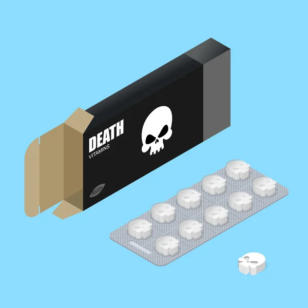 Death pills in pack. Deadly vitamins in box.  medicament for let — Stock Vector