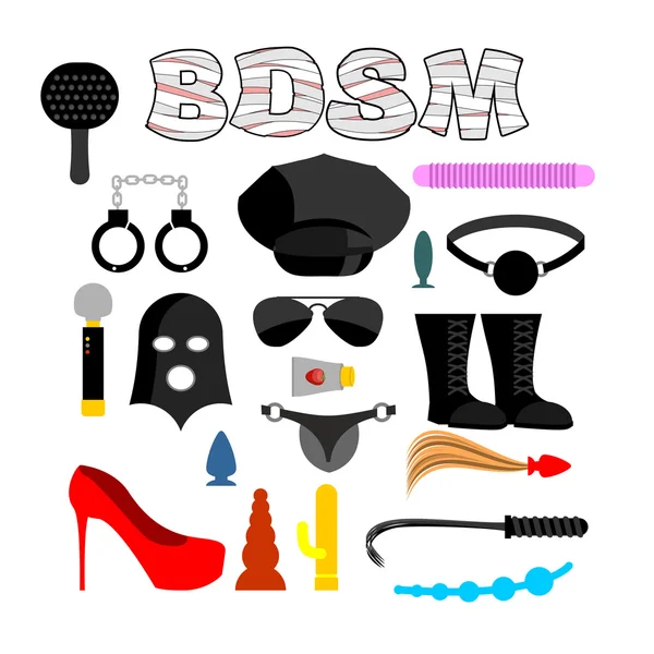 Sex iconen voor BDSM. Sextoys voor xxx. Knut en gag. Lederen zweep — Stockvector