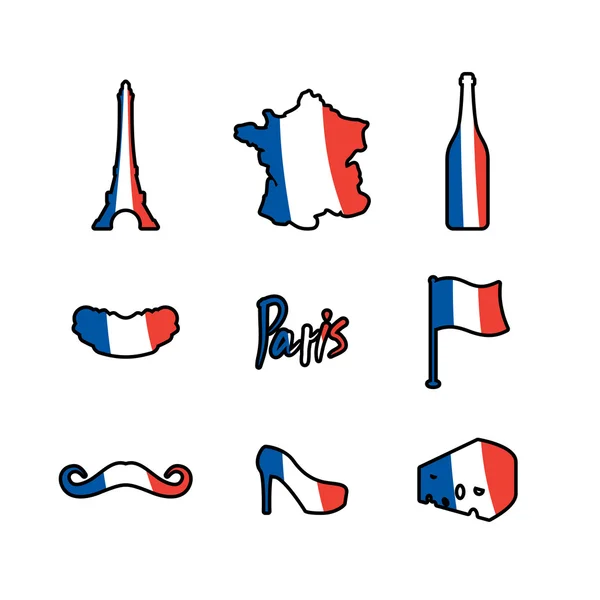 Parijs icons set. Traditionele Franse nationale symbolen. Eiffel Tow — Stockvector